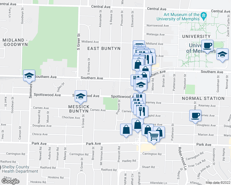 map of restaurants, bars, coffee shops, grocery stores, and more near 3400 Spottswood Avenue in Memphis