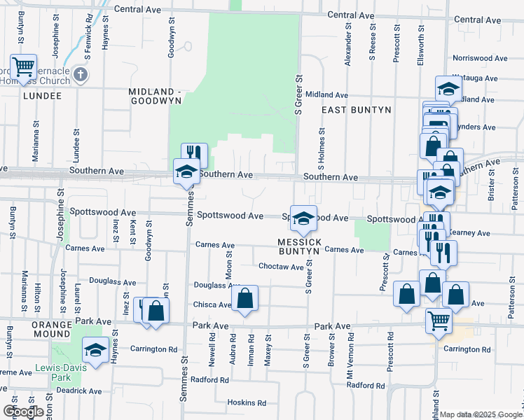 map of restaurants, bars, coffee shops, grocery stores, and more near 3160 Spottswood Avenue in Memphis