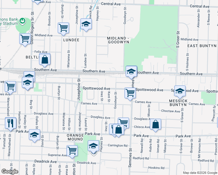map of restaurants, bars, coffee shops, grocery stores, and more near 2953 Spottswood Avenue in Memphis
