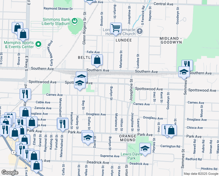 map of restaurants, bars, coffee shops, grocery stores, and more near 677 Baltimore Street in Memphis