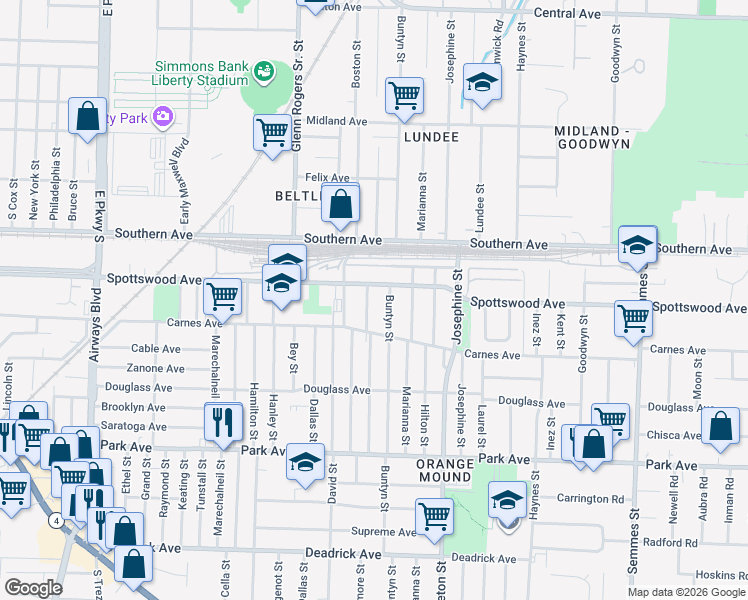map of restaurants, bars, coffee shops, grocery stores, and more near 677 Baltimore Street in Memphis