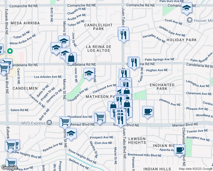 map of restaurants, bars, coffee shops, grocery stores, and more near 11101 Claremont Avenue Northeast in Albuquerque