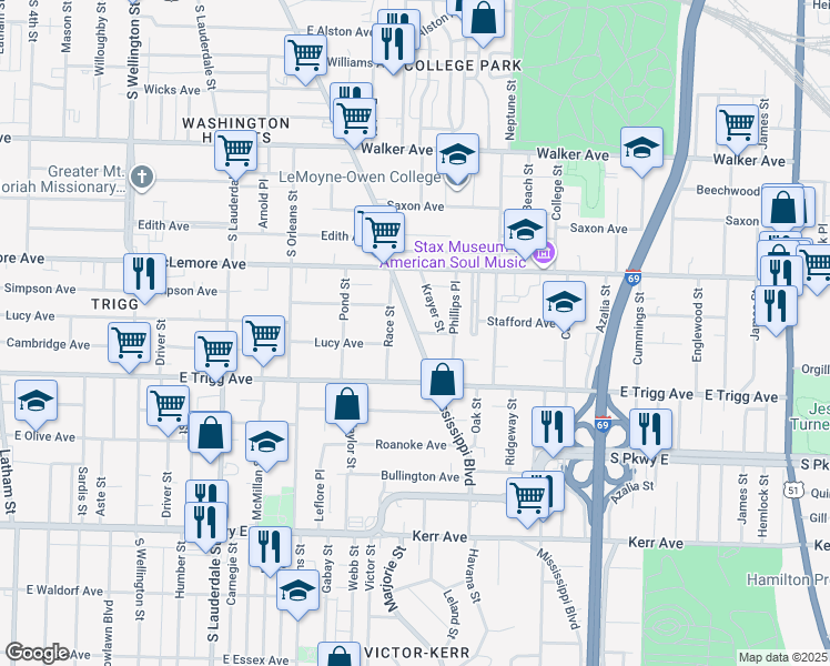 map of restaurants, bars, coffee shops, grocery stores, and more near 589 Grace Avenue in Memphis