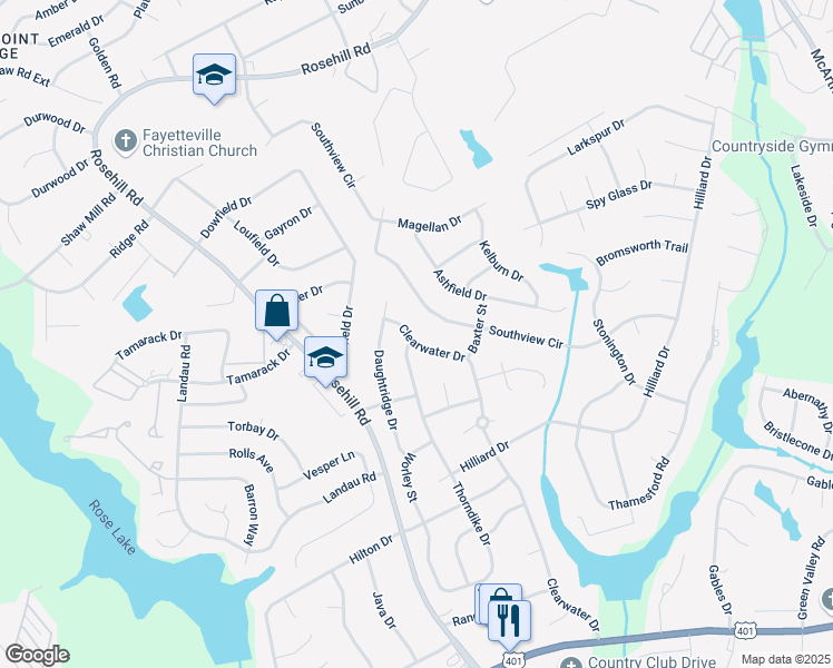 map of restaurants, bars, coffee shops, grocery stores, and more near 3830 Clearwater Drive in Fayetteville