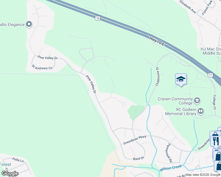 map of restaurants, bars, coffee shops, grocery stores, and more near 1201 Carmel Lane in New Bern