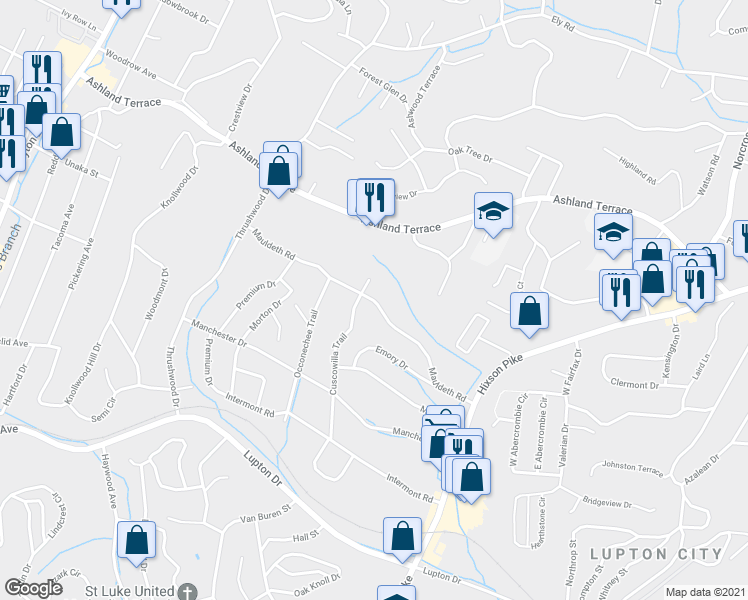 map of restaurants, bars, coffee shops, grocery stores, and more near 712 Mauldeth Road in Chattanooga