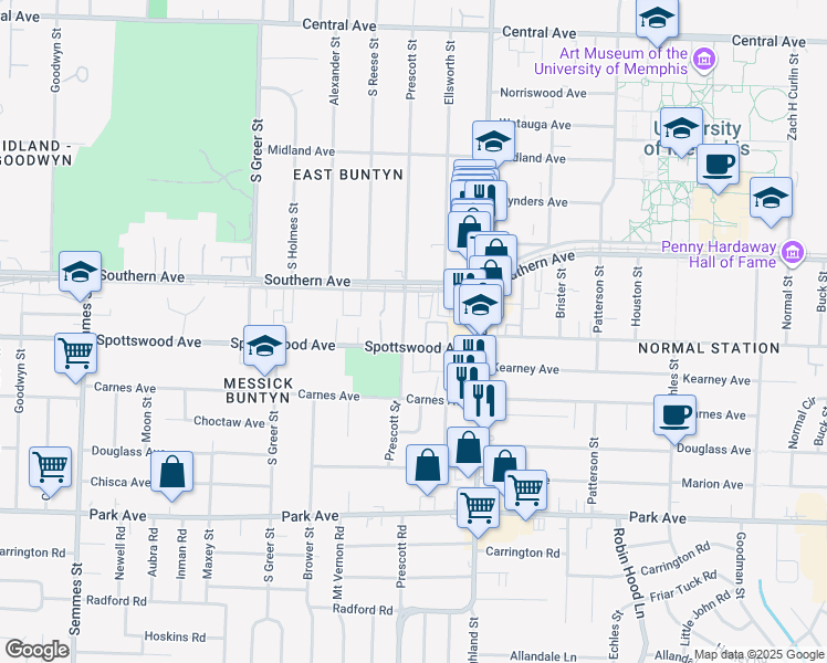 map of restaurants, bars, coffee shops, grocery stores, and more near 3400 Spottswood Avenue in Memphis