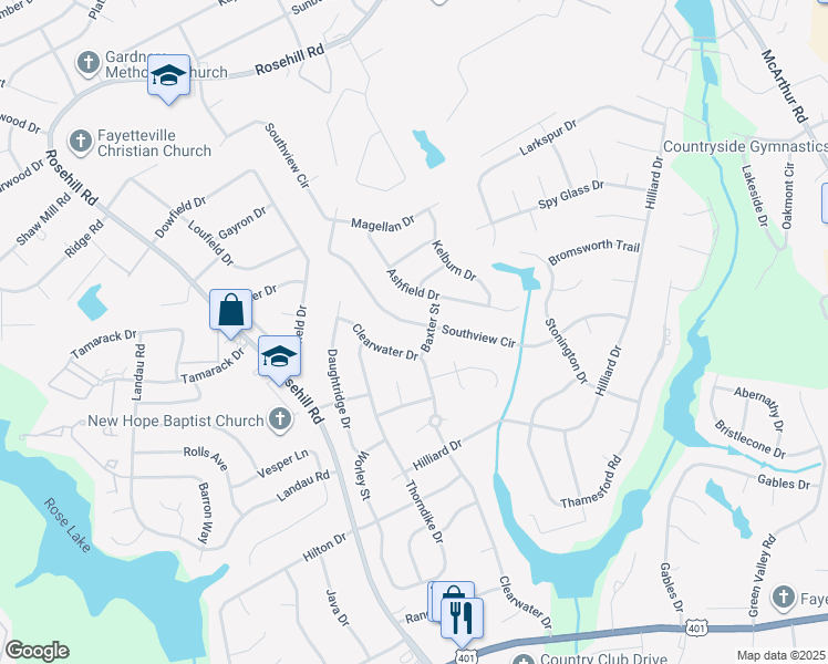 map of restaurants, bars, coffee shops, grocery stores, and more near 805 Southview Circle in Fayetteville