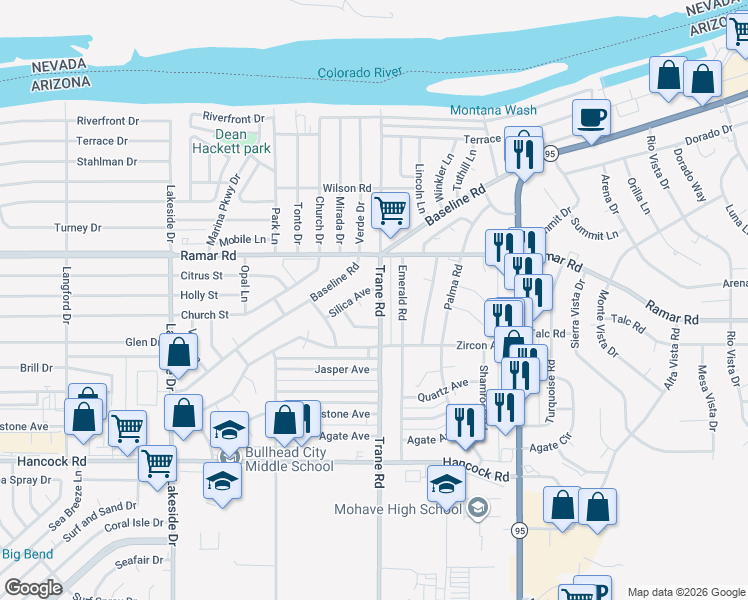 map of restaurants, bars, coffee shops, grocery stores, and more near 1228 Silica Cir in Bullhead City
