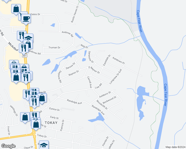 map of restaurants, bars, coffee shops, grocery stores, and more near 603 Longview Drive in Fayetteville