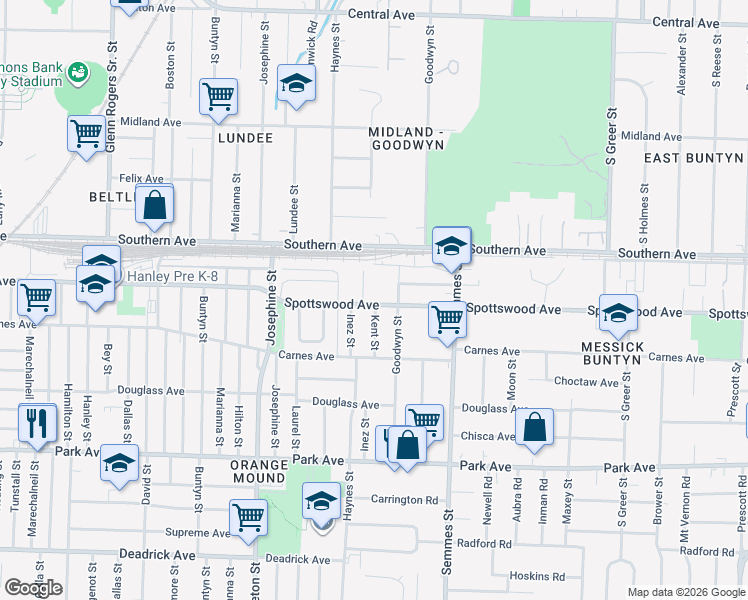 map of restaurants, bars, coffee shops, grocery stores, and more near 2953 Spottswood Avenue in Memphis