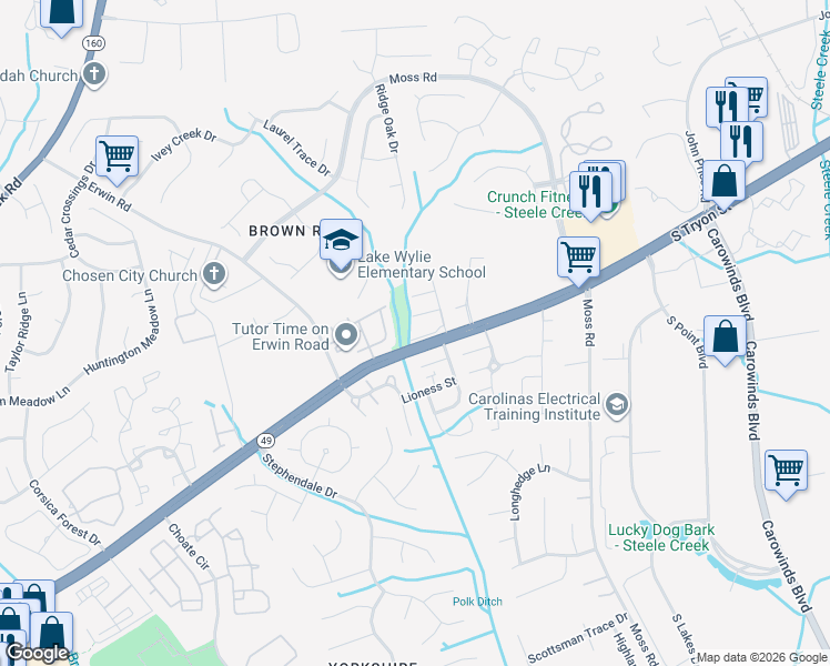 map of restaurants, bars, coffee shops, grocery stores, and more near 11532 Shaded Court in Charlotte