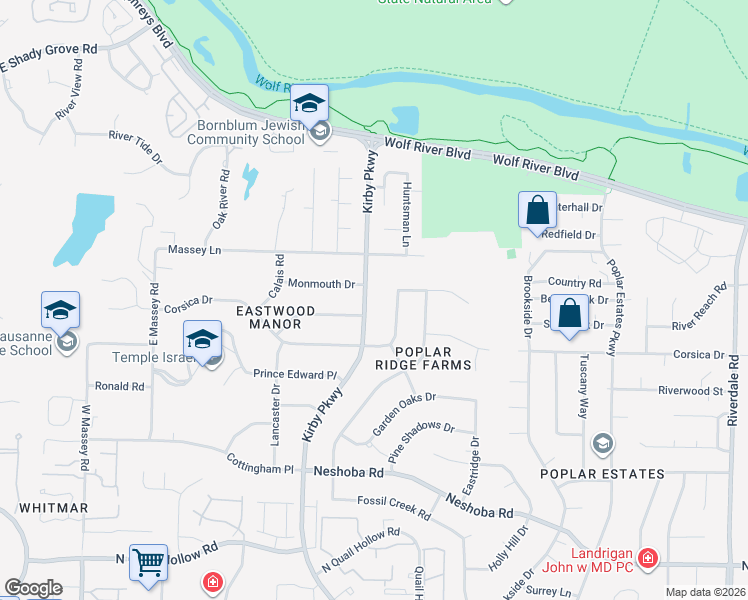map of restaurants, bars, coffee shops, grocery stores, and more near 1292 Kirby Parkway in Memphis