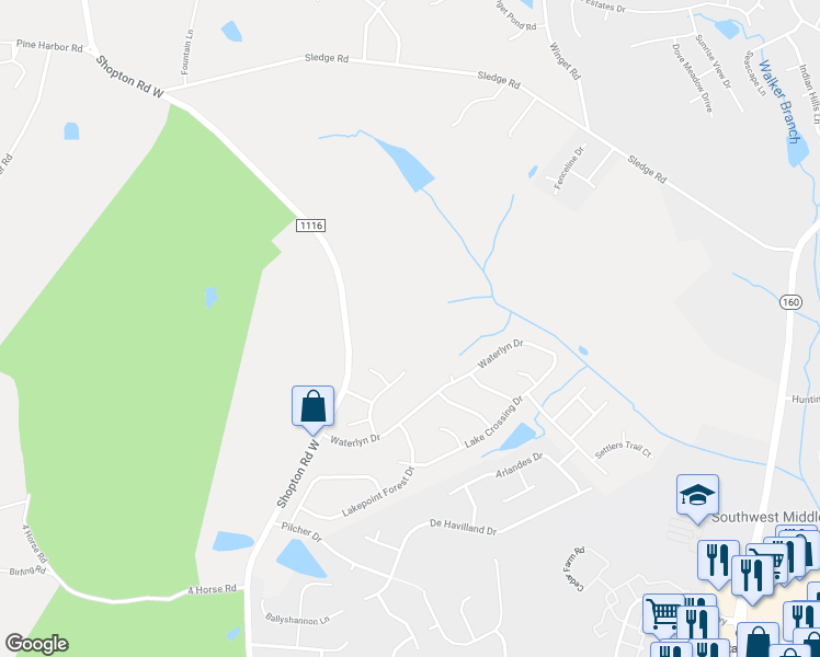 map of restaurants, bars, coffee shops, grocery stores, and more near 15201 Shopton Road West in Charlotte