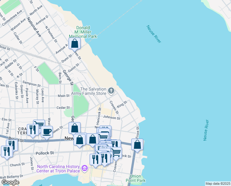 map of restaurants, bars, coffee shops, grocery stores, and more near 801 East Front Street in New Bern
