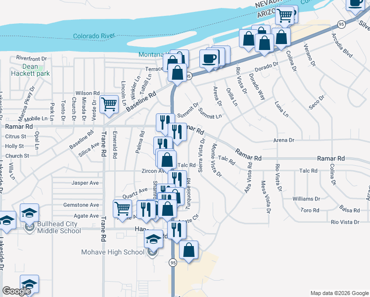 map of restaurants, bars, coffee shops, grocery stores, and more near 1565 Turquoise Road in Bullhead City