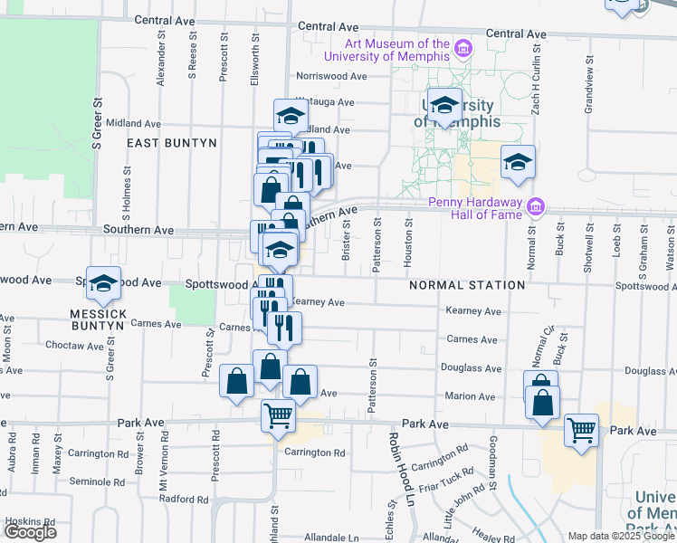 map of restaurants, bars, coffee shops, grocery stores, and more near 3580 Spottswood Avenue in Memphis