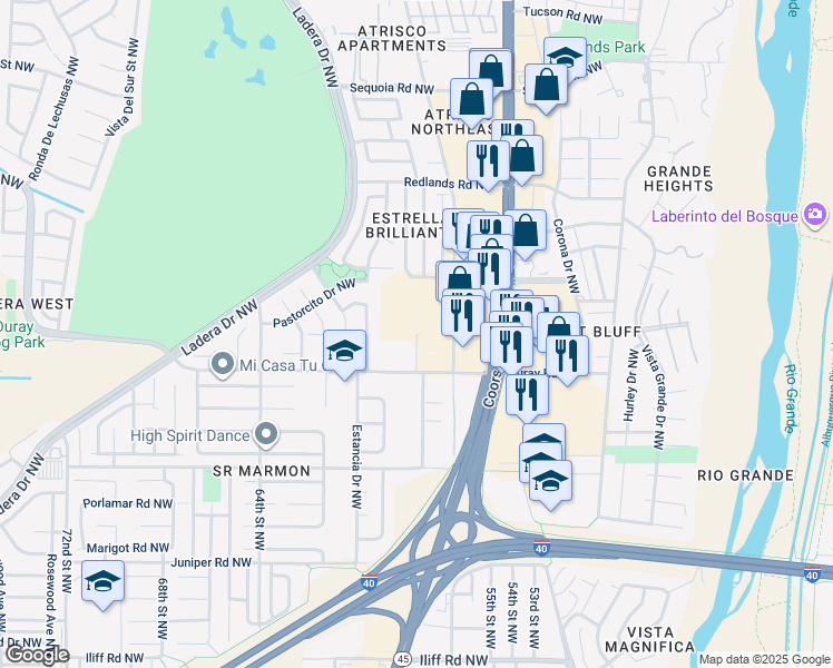 map of restaurants, bars, coffee shops, grocery stores, and more near 2699 Americare Court Northwest in Albuquerque