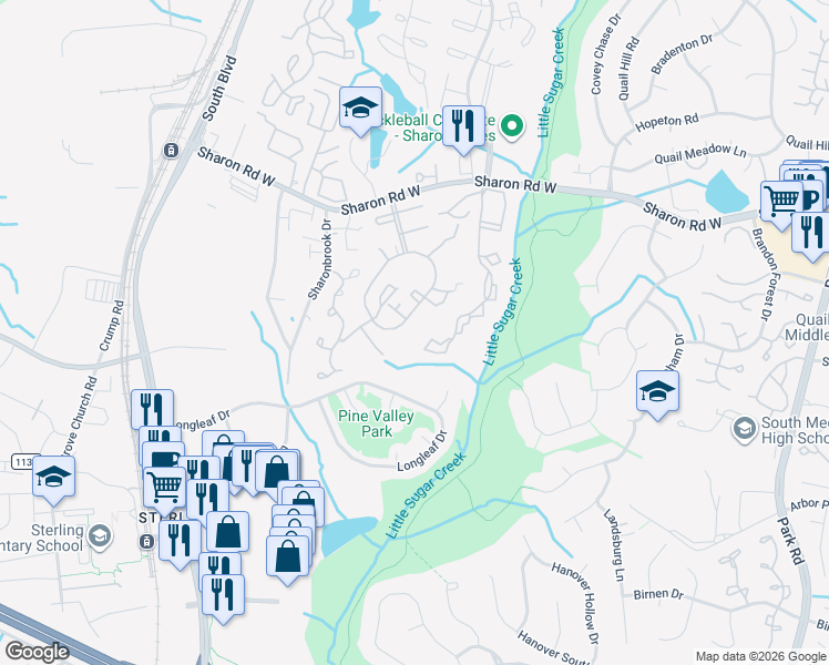 map of restaurants, bars, coffee shops, grocery stores, and more near 8302 Knights Bridge Road in Charlotte