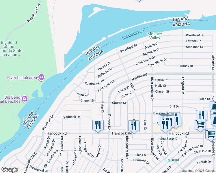 map of restaurants, bars, coffee shops, grocery stores, and more near 544 Palo Verde Drive in Bullhead City