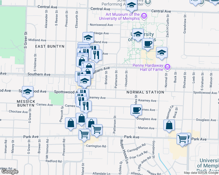 map of restaurants, bars, coffee shops, grocery stores, and more near 3602 Spottswood Avenue in Memphis