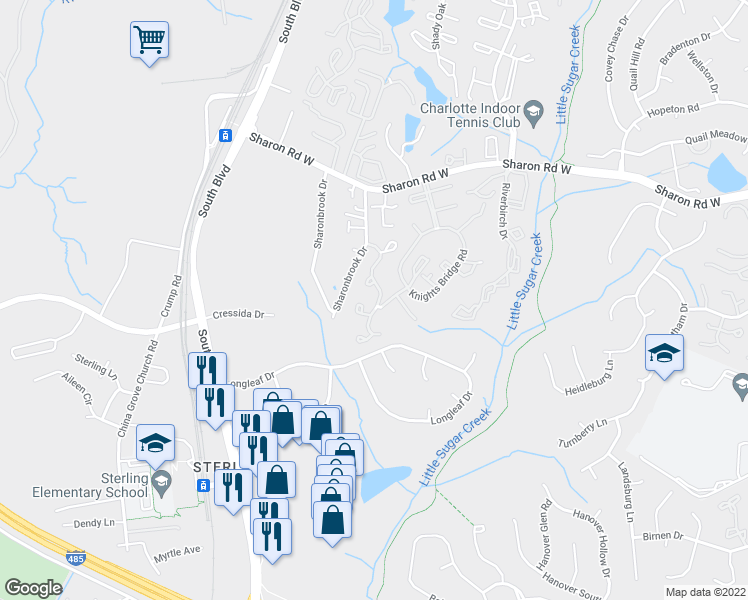 map of restaurants, bars, coffee shops, grocery stores, and more near 1706 Village Brook Drive in Charlotte