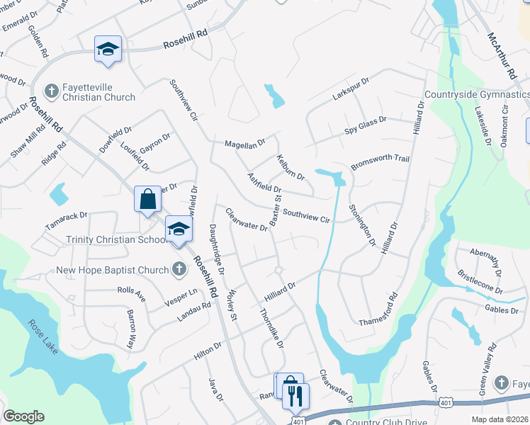 map of restaurants, bars, coffee shops, grocery stores, and more near 805 Southview Circle in Fayetteville
