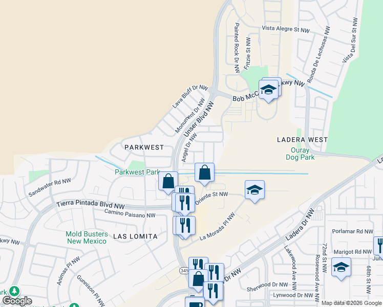 map of restaurants, bars, coffee shops, grocery stores, and more near 2436 Wexford Street Northwest in Albuquerque