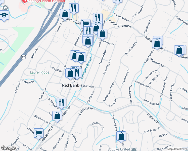 map of restaurants, bars, coffee shops, grocery stores, and more near 3607 Tacoma Avenue in Red Bank