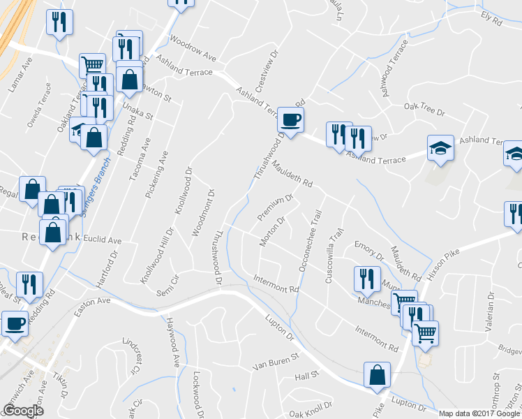 map of restaurants, bars, coffee shops, grocery stores, and more near 3733 Premium Drive in Chattanooga