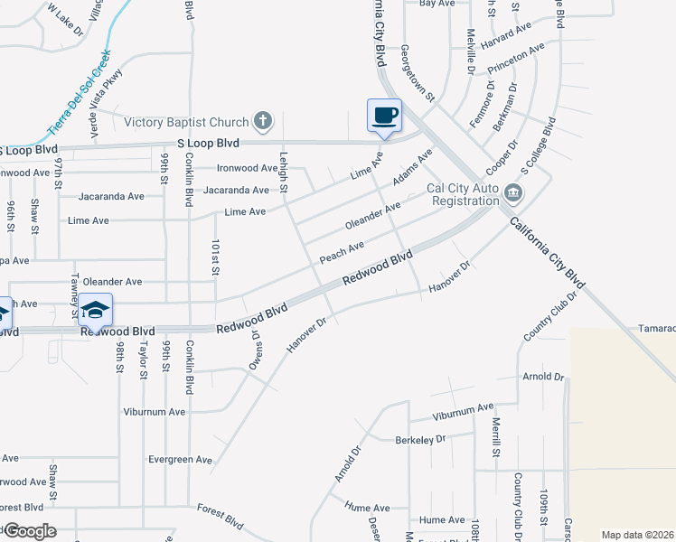 map of restaurants, bars, coffee shops, grocery stores, and more near 10409 Redwood Boulevard in California City