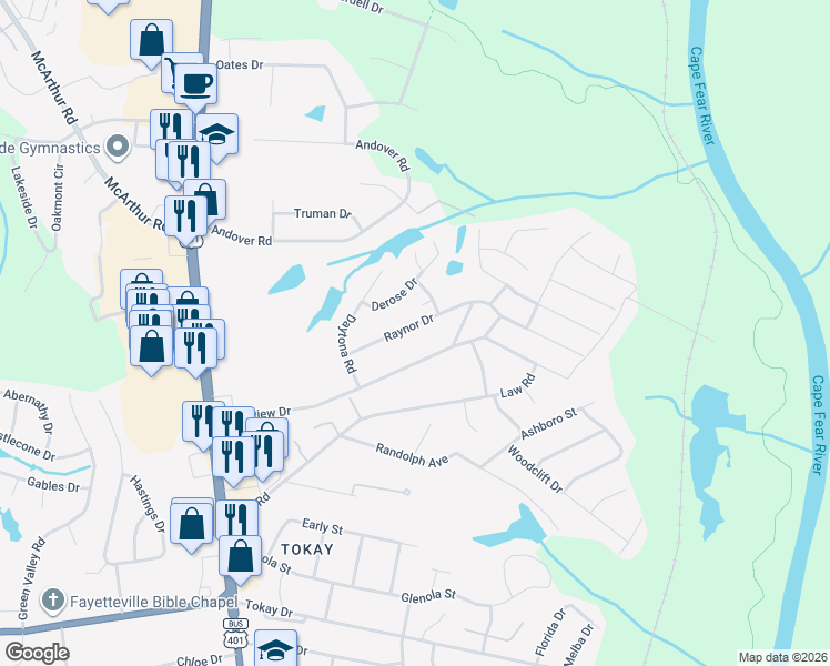 map of restaurants, bars, coffee shops, grocery stores, and more near 432 Raynor Drive in Fayetteville