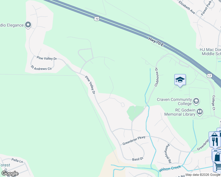 map of restaurants, bars, coffee shops, grocery stores, and more near 1201 Carmel Lane in New Bern