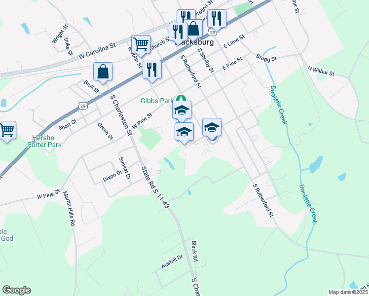 map of restaurants, bars, coffee shops, grocery stores, and more near 101 London Street in Blacksburg