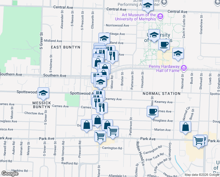 map of restaurants, bars, coffee shops, grocery stores, and more near 3536 Spottswood Avenue in Memphis
