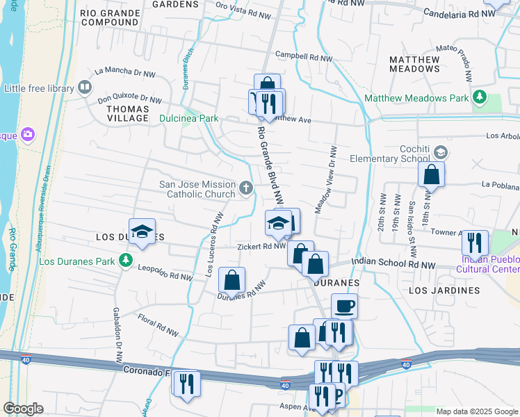 map of restaurants, bars, coffee shops, grocery stores, and more near 2432 Plaza Vizcaya Northwest in Albuquerque