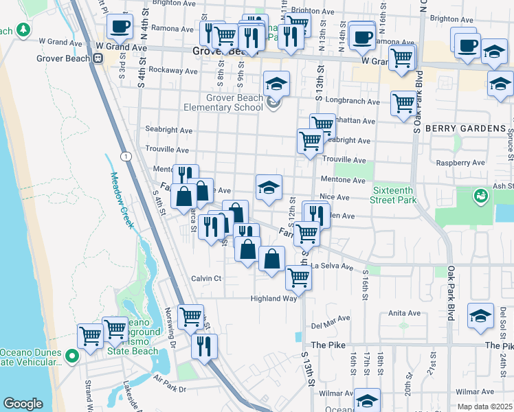map of restaurants, bars, coffee shops, grocery stores, and more near 889 South 10th Street in Grover Beach