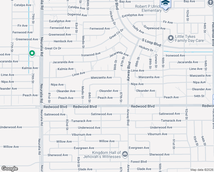 map of restaurants, bars, coffee shops, grocery stores, and more near 8560 Nipa Avenue in California City