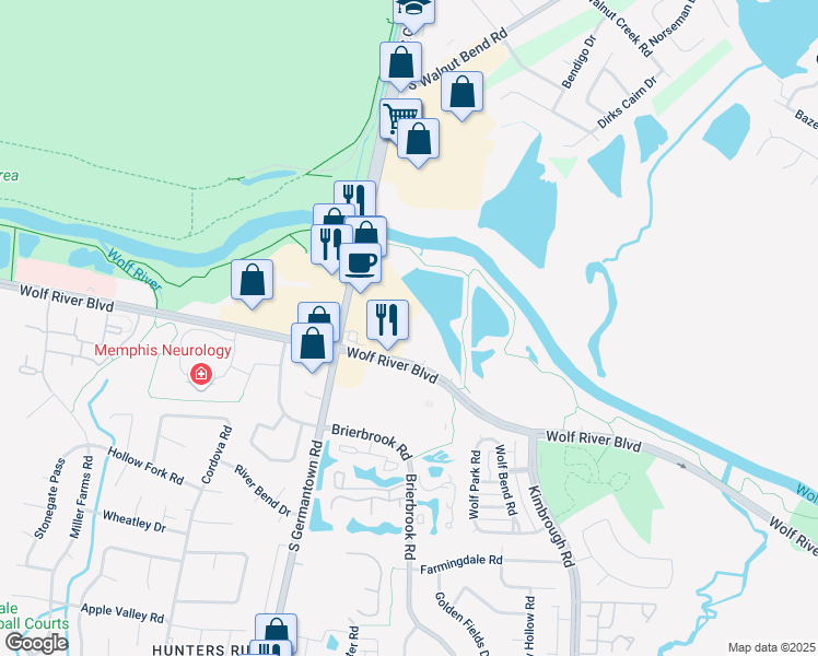 map of restaurants, bars, coffee shops, grocery stores, and more near 7910 Wolf River Blvd in Germantown