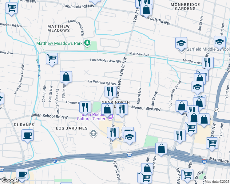 map of restaurants, bars, coffee shops, grocery stores, and more near 2801 12th Street Northwest in Albuquerque
