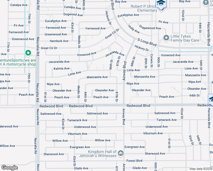 map of restaurants, bars, coffee shops, grocery stores, and more near 8584 Nipa Avenue in California City