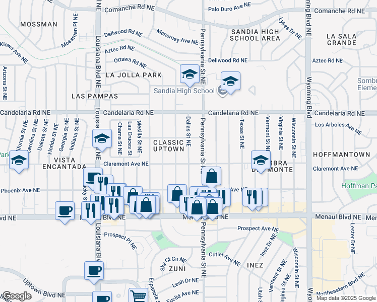 map of restaurants, bars, coffee shops, grocery stores, and more near 2817 Dallas Street Northeast in Albuquerque