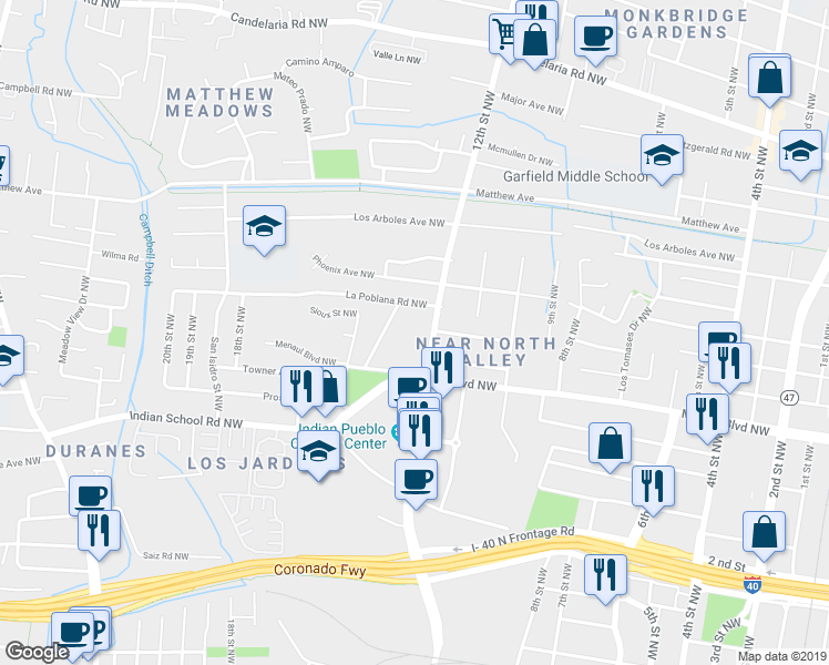 map of restaurants, bars, coffee shops, grocery stores, and more near 2900 Sierra Vista Street Northwest in Albuquerque