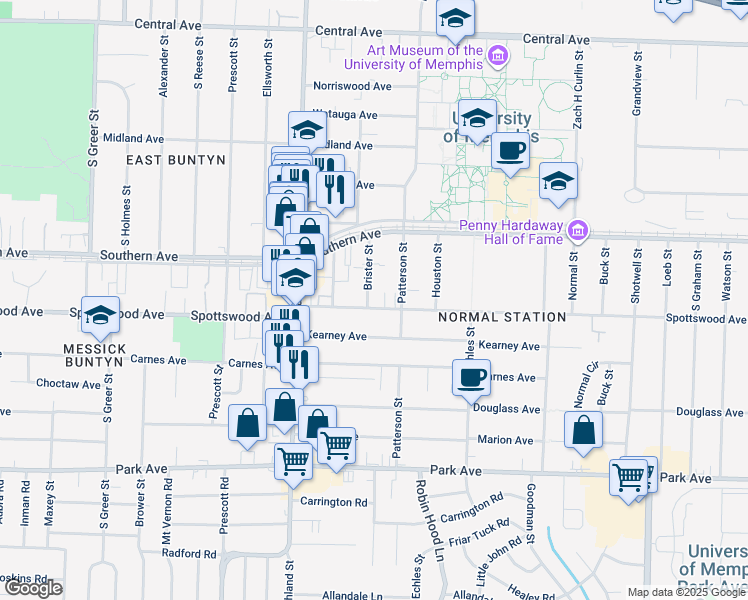 map of restaurants, bars, coffee shops, grocery stores, and more near 3580 Spottswood Avenue in Memphis