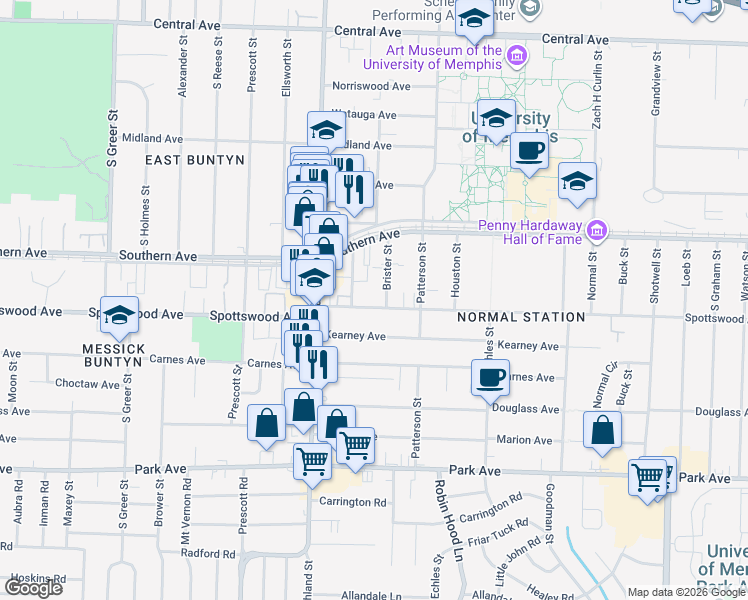 map of restaurants, bars, coffee shops, grocery stores, and more near 3580 Spottswood Avenue in Memphis