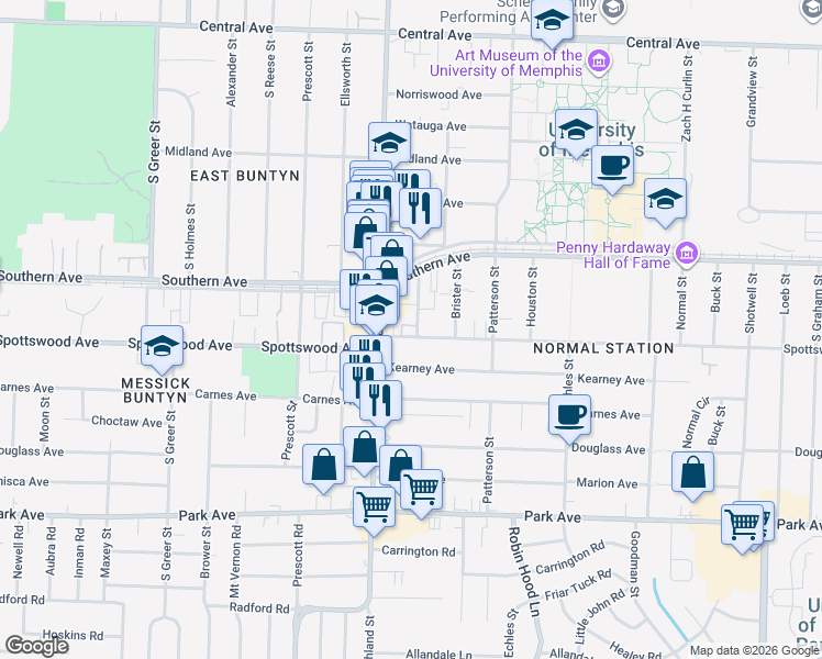 map of restaurants, bars, coffee shops, grocery stores, and more near 3536 Spottswood Avenue in Memphis