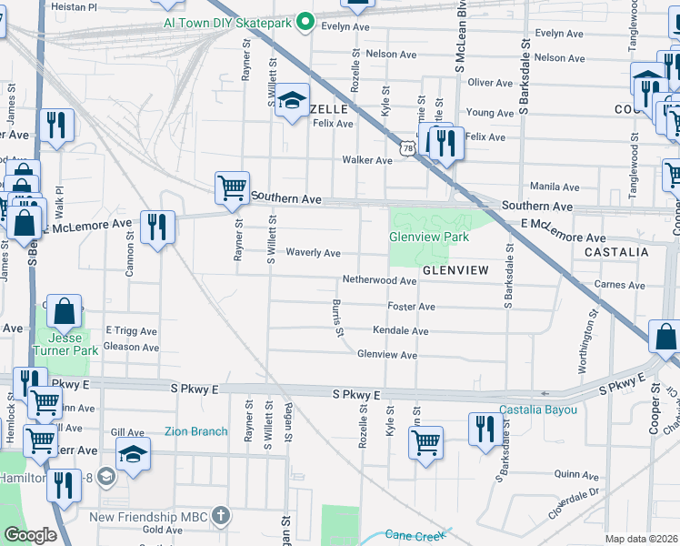map of restaurants, bars, coffee shops, grocery stores, and more near 1642 Netherwood Avenue in Memphis