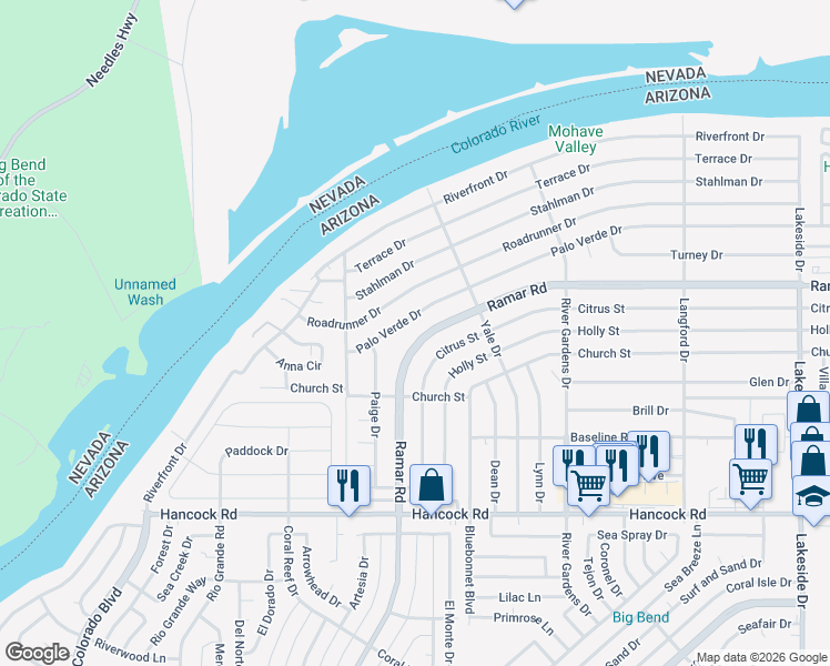 map of restaurants, bars, coffee shops, grocery stores, and more near 573 Ramar Road in Bullhead City