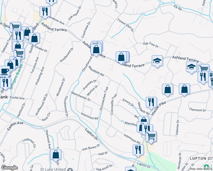 map of restaurants, bars, coffee shops, grocery stores, and more near 3775 Occonechee Trail in Chattanooga