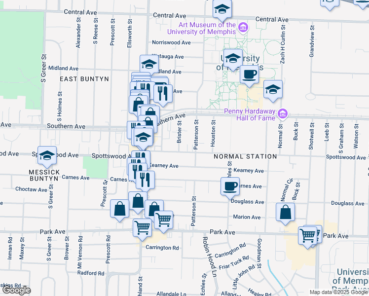 map of restaurants, bars, coffee shops, grocery stores, and more near 3580 Spottswood Avenue in Memphis
